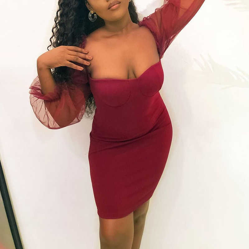 Mesh Sleeve Square Neck Bodycon Party Club Mini Dress 210702