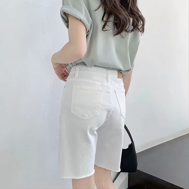 Summer Hurr Hem Tassel Straight Knee length Jeans High Waist Short Pants Casual Women Loose Denim Trousers White 210429