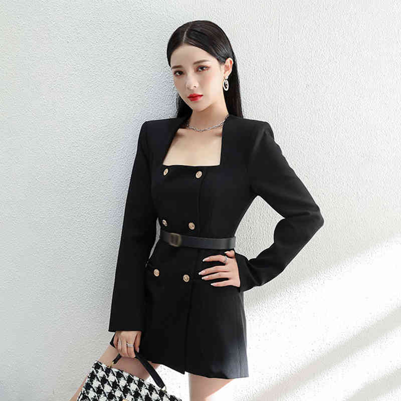 VGH Black Elegant Dress For Women Square Collar Long Sleeve High Waist Slim Dresses Female Spring Clothing Fashion New Tide 210421