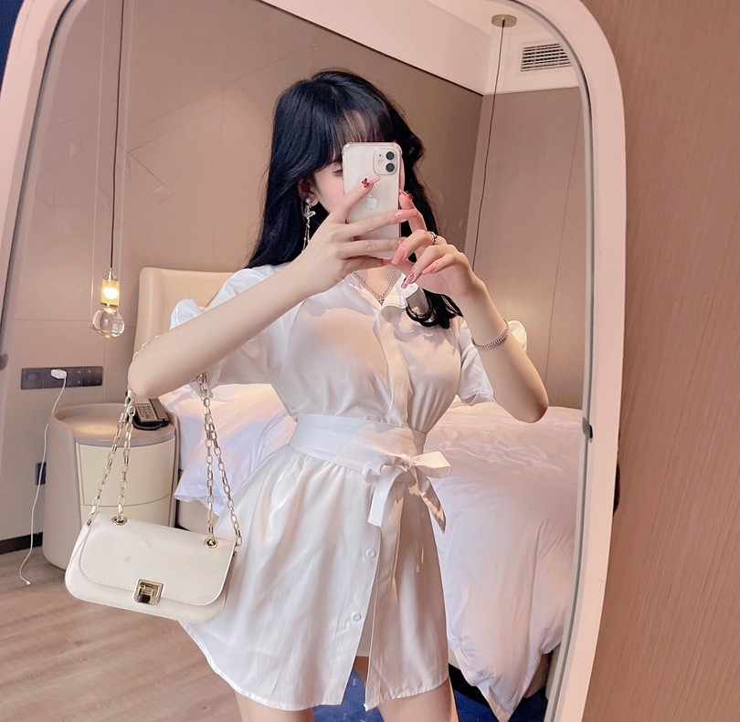 Korean Fashion Summer Two Piece Set Casual Women Short Sleeve Elegant Belt Long Shirt + Mini Shorts Suit 210518