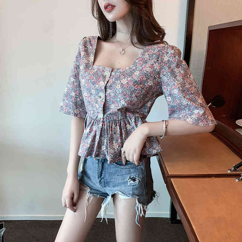 Korean Fashion Temperament Flowers Square Neck Short Sleeve Ruffles Women Blouses Slim Waist Single Breasted Chic Top 210519