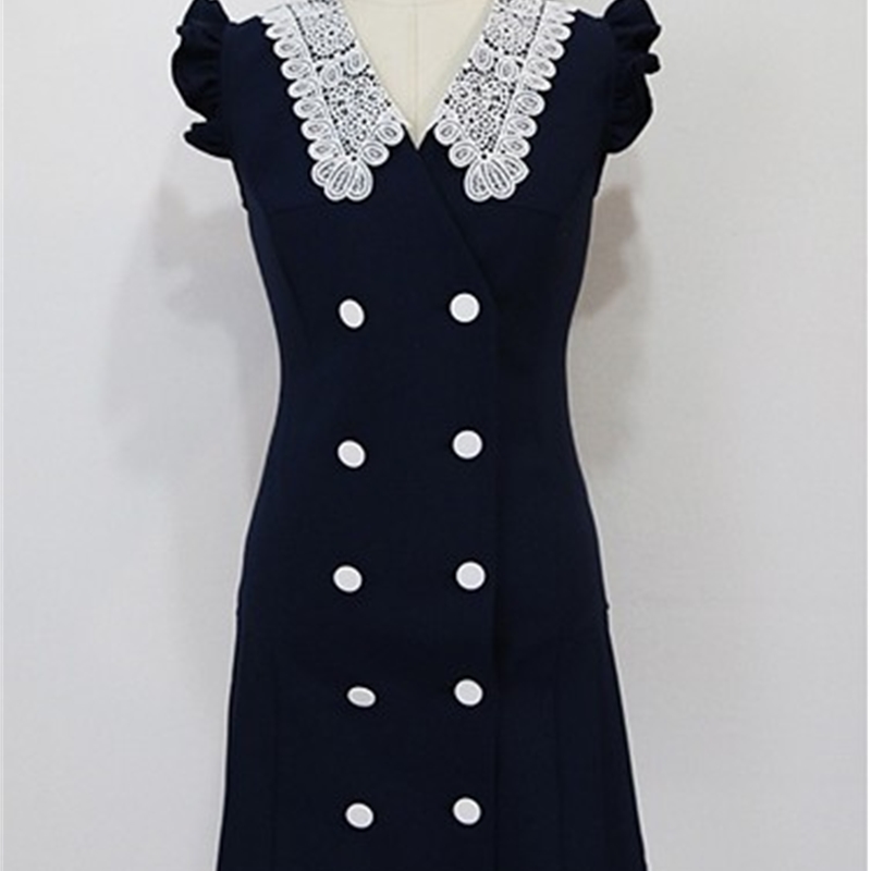 Women Lace With V-Neck Double Breasted Sleeveless High Waist Bodycon Mini Dress Korean Elegant Office Lady Slim Dresses 210519