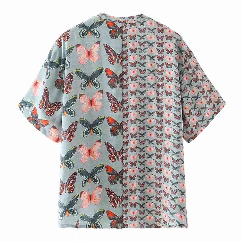 Summer Women Butterfly Printing Splicing Shirt Female Short Sleeve Blouse Casual Lady Loose Tops Blusas S8791 210430