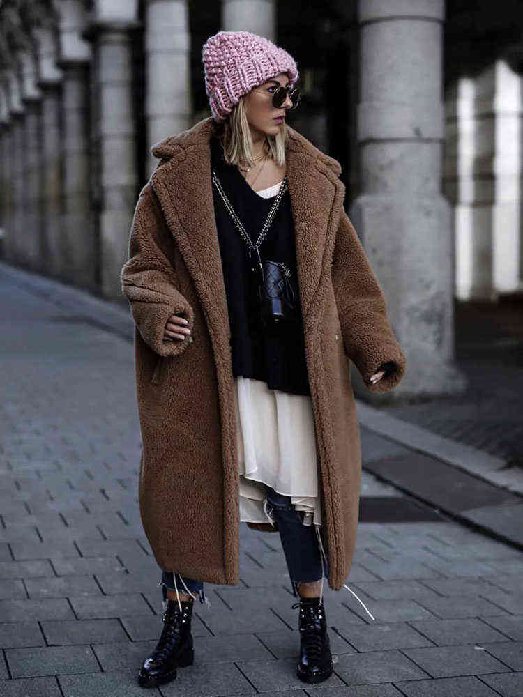 Autumn Winter Women Fashion Chic Purple Teddy Coat Female Buttons Pockets Lapel Collar Warm Outerwear Girls Casual Streetwear 211105