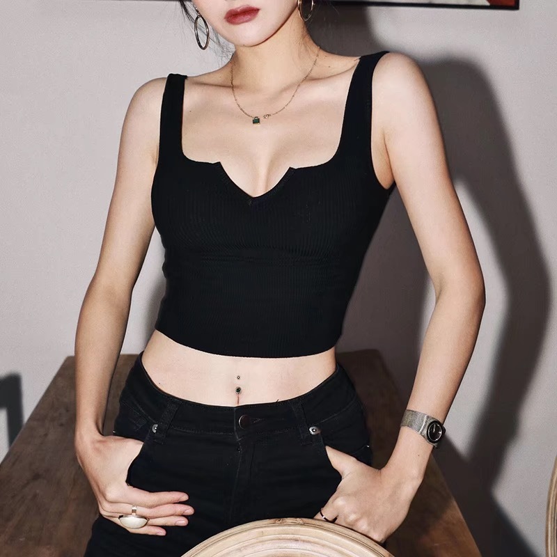 Sexy V collar Tank Tops Fashion Sleeveless s Knitted Rib Crop Streetwear Cropped Sports Women 210429