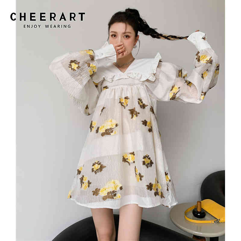 Jacquard Peter Pan Collar Lantern Sleeve Dress Spring Runway Long Floral Mini Loose Ruched Women 210427