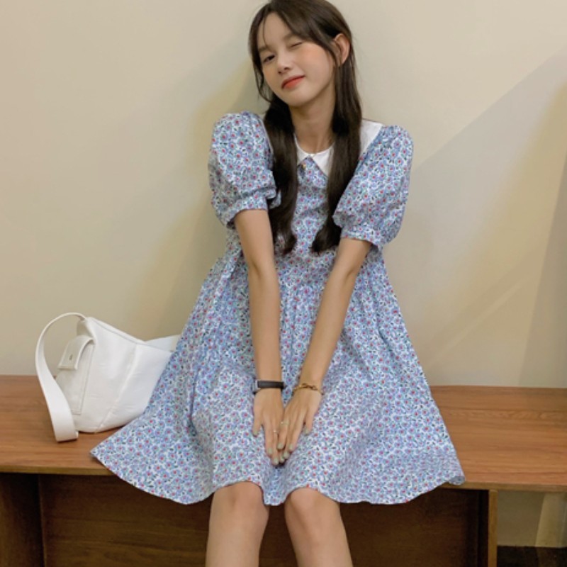 Summer Women Vintage Loose High Waist Dress Elegant Flower Print Doll Collar Sweet Casual Mini 210519