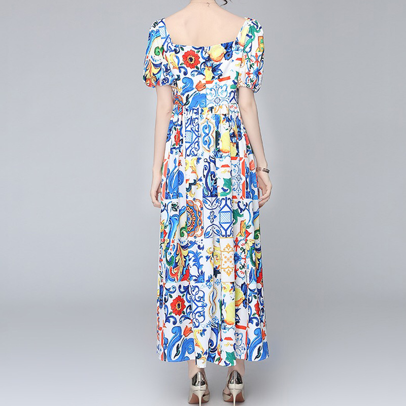 victorian square collar puff sleeve blue and white vintage printed summer maxi dress for women lady fashion chic robe 210421