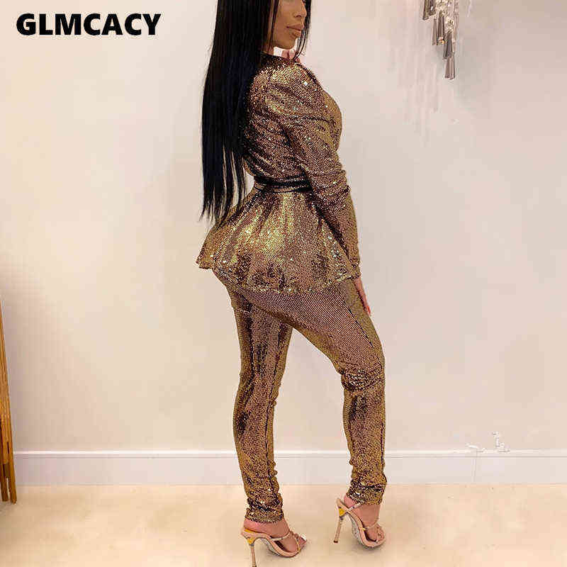 Women Plus Size Office Ladies Sequined Autumn 2 Two Piece Set Top and Pants Elegant Female Casual Business Suits 211105