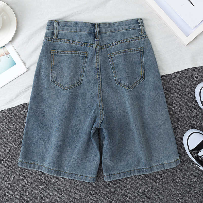 Fitaylor Summer Women High Waist Blue Wide Leg Denim Shorts Casual Female Solid Streetwear Stright Jeans Bermuda 210724