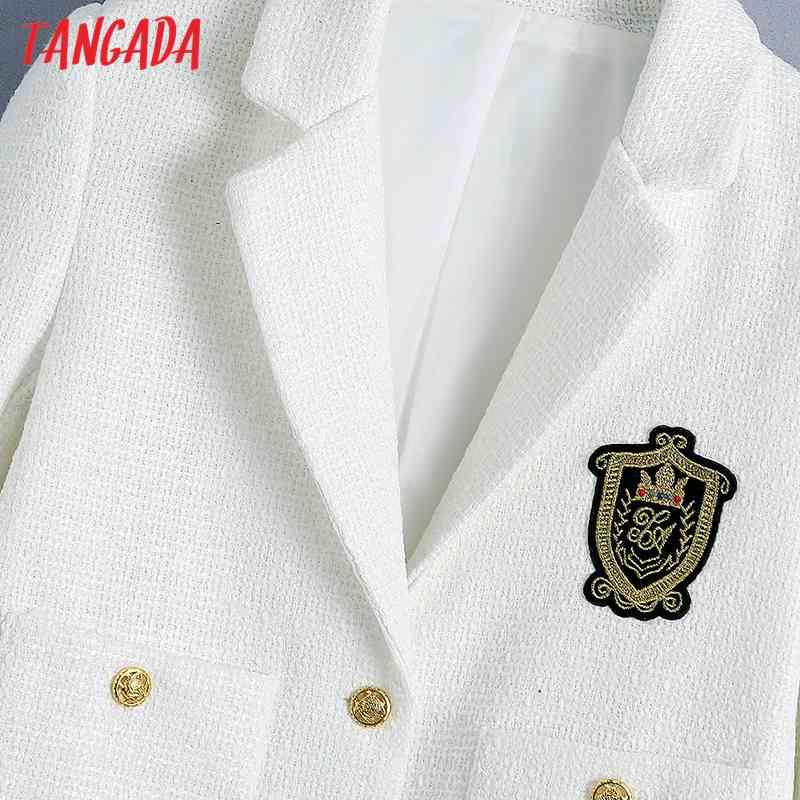 Women White Tweed Crop Embroidery Female Long Sleeve Vintage Jacket Ladies Blazer Formal Suits BE390 210416