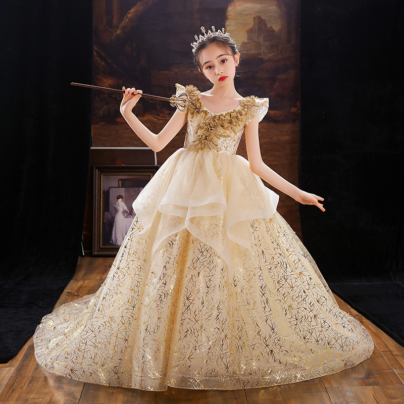 Ball Gown Toddler Girls Pageant Dresses Lace Appliqued Long tail Flower Girl Dress Crystals Tulle First holy Communion Gowns 2021