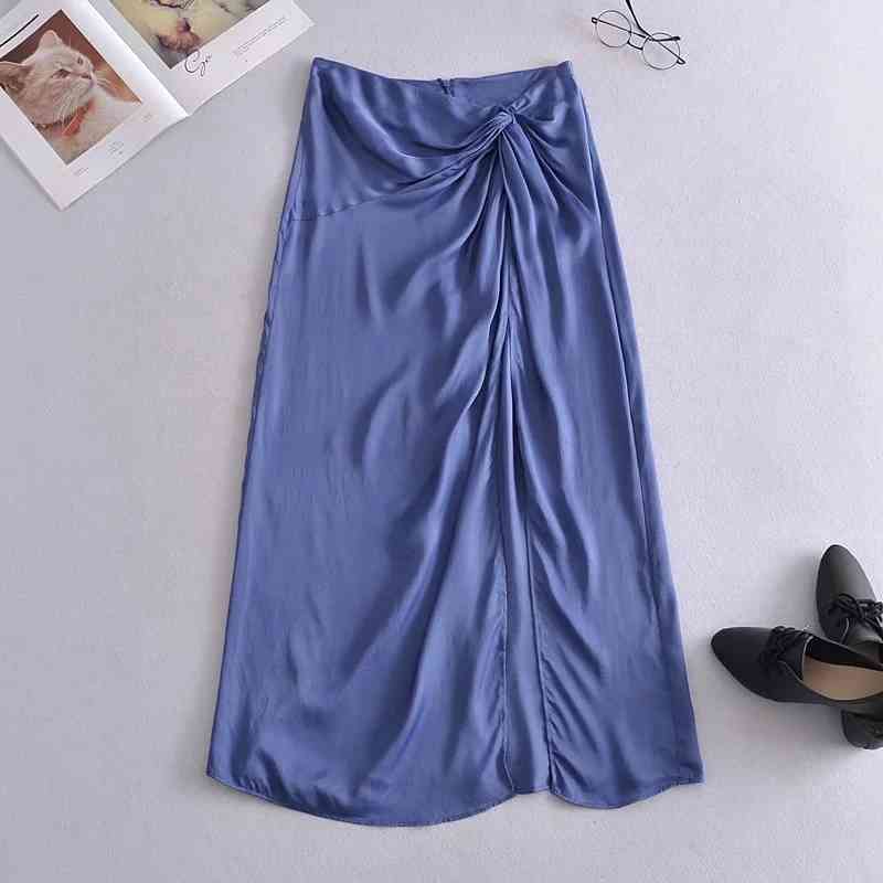 Foridol Bowknot Blue Satin Long Skirts Womens High Waist Elegant Ladies Slit Maxi Skirt Bottoms Summer Silk Ladies Faldas Mujer 210415