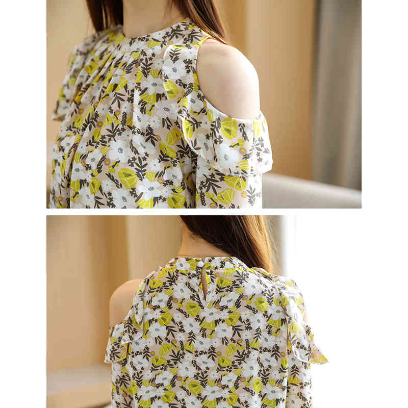 Summer Chiffon O-Neck Short Sleeve Women Loose Flower Off-Shoulder Pullover Flare Shirt Blusas Mujer De Moda 8982 50 210518