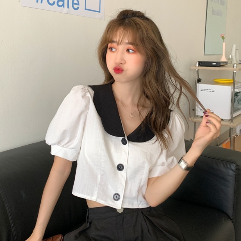 Neploe Women Blouses Peter Pan Collar Sweet Puff Sleeve Crop Tops Summer Blusas Mujer Korean Fashion Sexy Blouse Shirt 210422