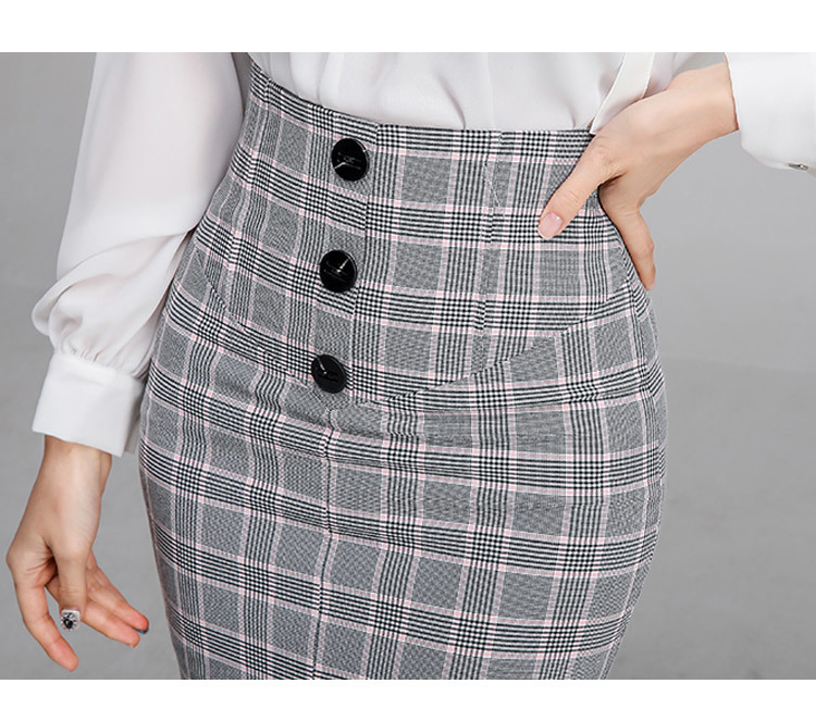 Women 2 Pieces Set Spring fashion White long Sleeve V-Neck chiffon Shirt Top+Bodycon plaid single-breasted pencil Skirt Set 210518