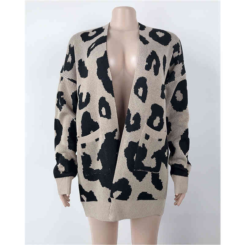 Chu Sau beauty Autumn Winter Casual Leopard Women Knitted Tops Chic V-neck Ladies Warm Long Cardigans Plus Size Sweaters 210508