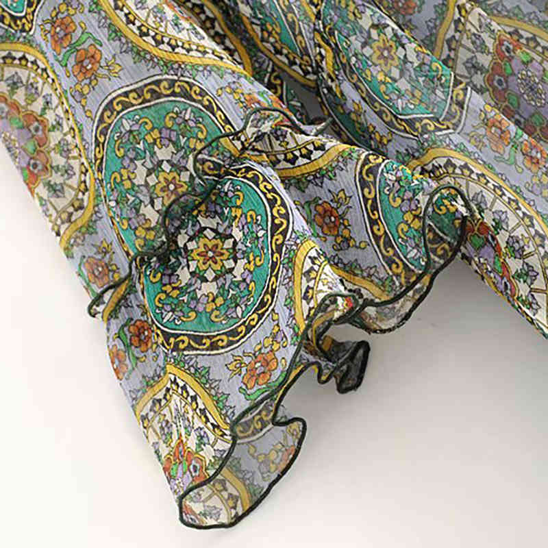 Vintage Floral Print Chiffon Long Dress Women V Neck Elegant Ruffle Party Three Quarter Sleeve Ladies Casual Midi es 210515