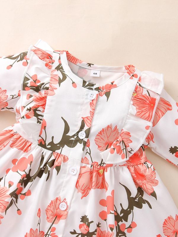 Baby Floral Print Ruffle Trim Dress With Headband SHE