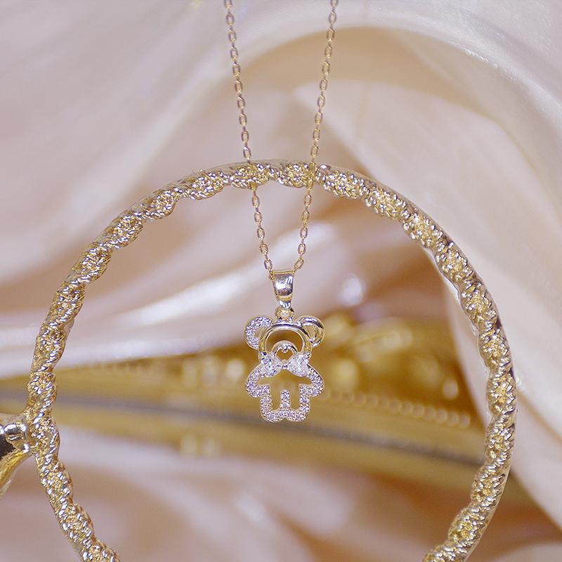 Chains 14k Real Gold Feminia Cute Bear Short Necklace For Women Ins Shine Zircon Choker Birthday Gift Wedding Jewelry Pendant