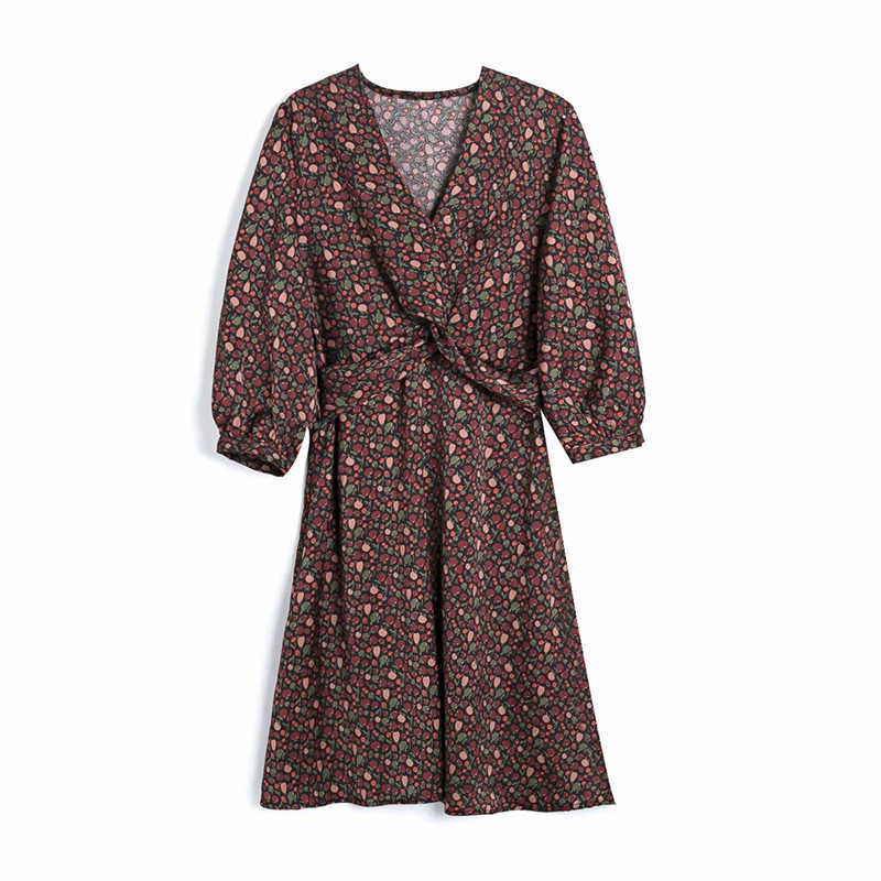 Vintage Women Elegant Geometry Print Dresses Fashion Ladies V-Neck Draped Dress Streetwear Female Chic Vestidos 210527