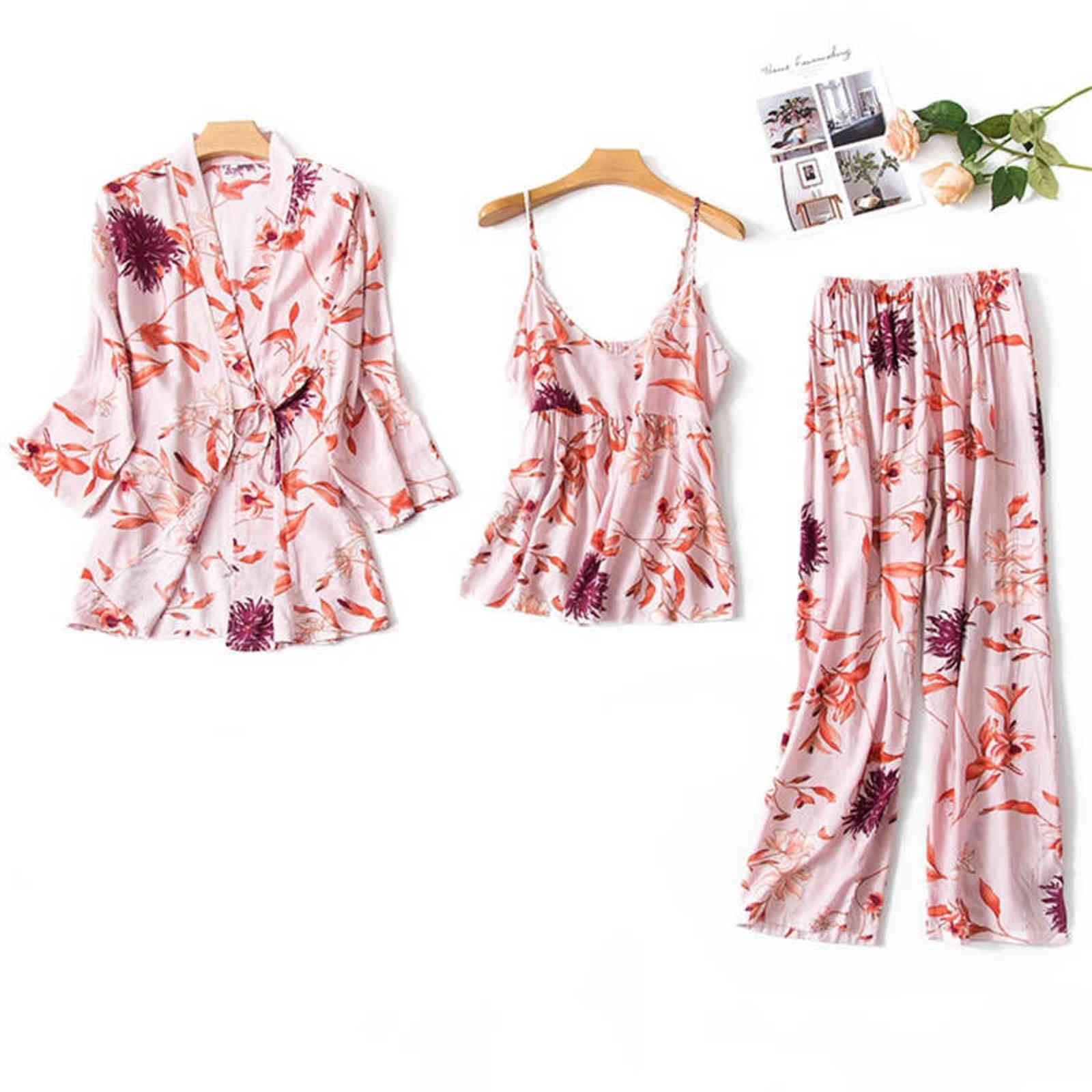 Satin Pajamas for Women 3Pcs Pjs Home Wear Clothes Print Floral Cotton Ladies Sexy Loose Sleep Nightwear Sets 211112