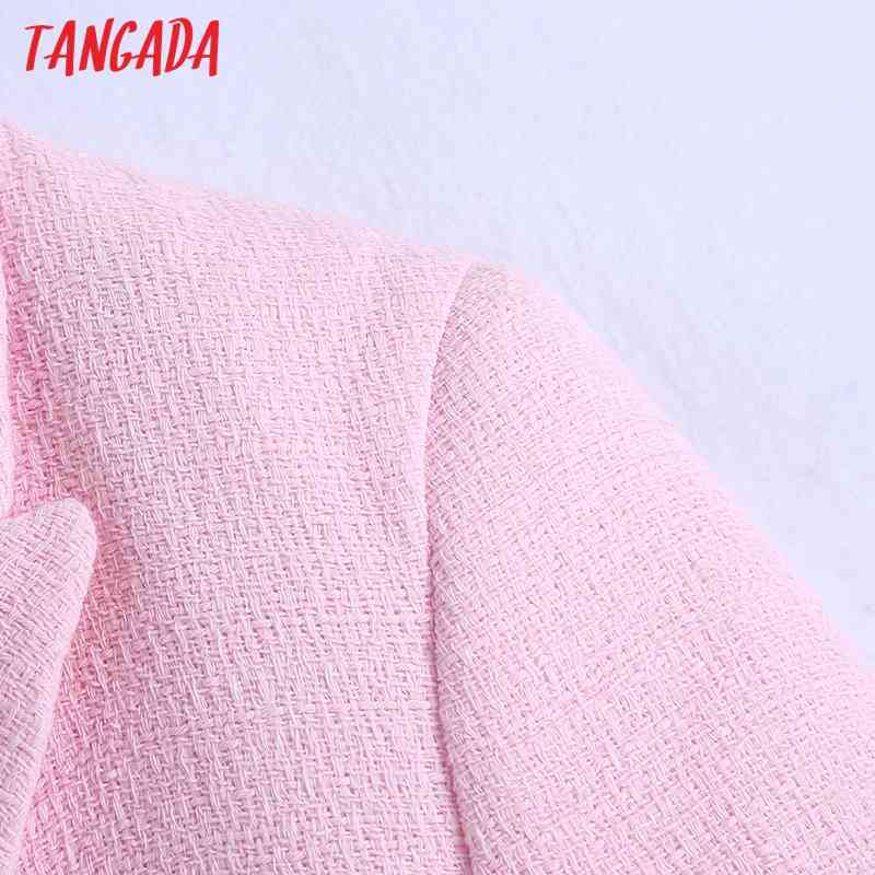 Women Double Breasted Tweed Cropped Blazer Coat Vintage Long Sleeve Female Outerwear Chic Veste Femme BE522 210416