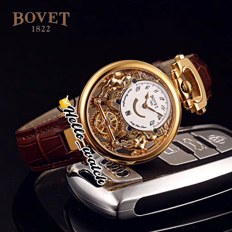 40mm Bovet 1822 Tourbillon Amadeo Fleurie Watches Quartz Mens Watch Yellow Gold Case Skeleton Dial Brown Leather Strap HWBT Hello_Watch