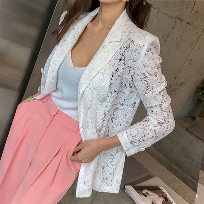 Double-breasted Sunscreen Lace Blazers Women Summer Office Lady Solid Minimalist OL Suit Jacket Tops Plus Size 210421