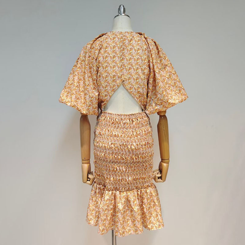 VGH Print Casual Dress For Women O Neck Lantern Short Sleeve High Waist Hollow Out Bodycon Dresses Female Summer Fashion Clothes 210421