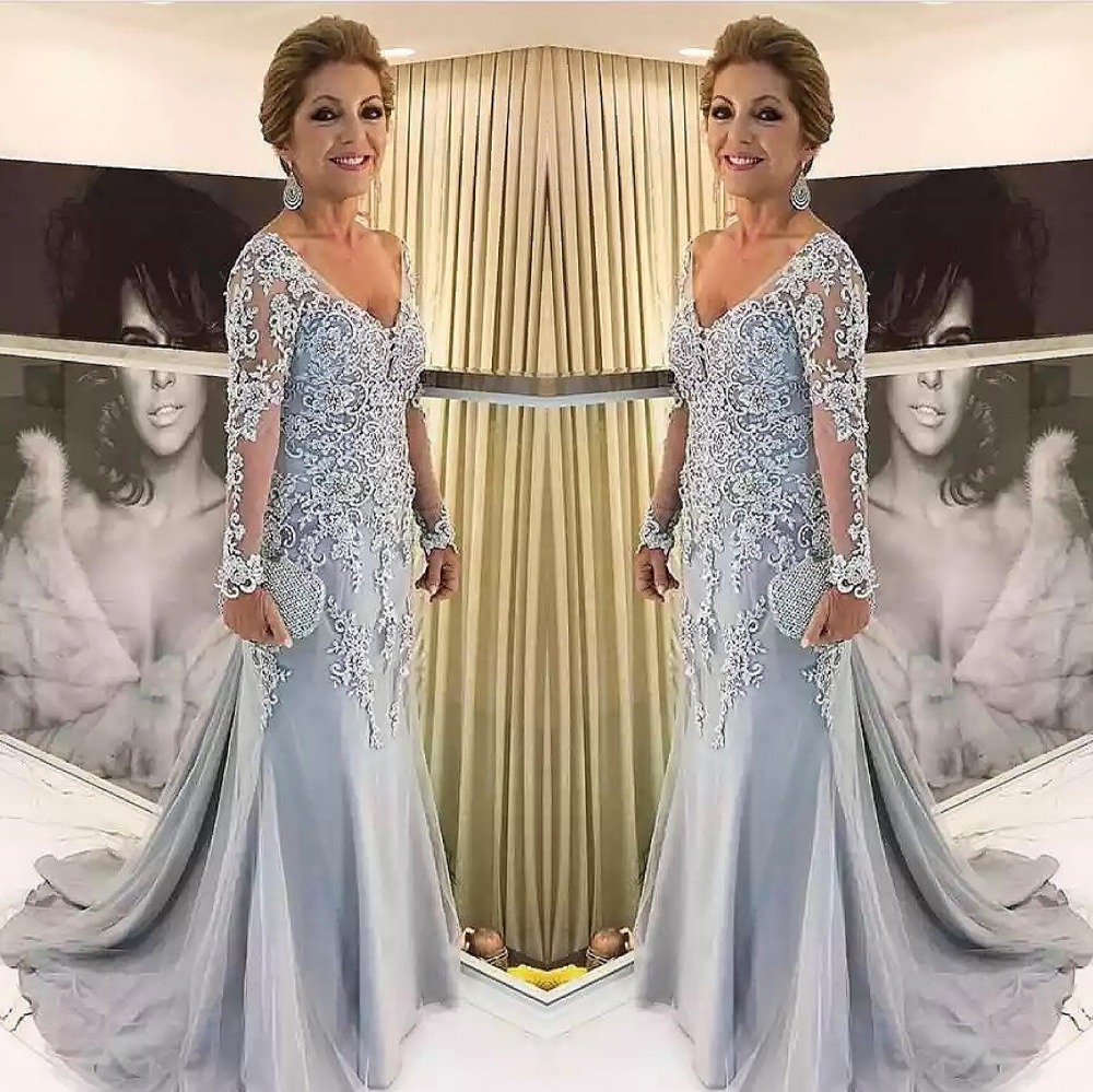 Elegant Blue Silver Mother of the Bride Dresses Long Sleeves 2021 V Neck Godmother Evening Dress Wedding Party Guest Gowns New
Elegant Blue Silver Mother of the Bride Dresses Long Sleeves 2021 V Neck Godmother Evening Dress Wedding Party Guest Gowns New