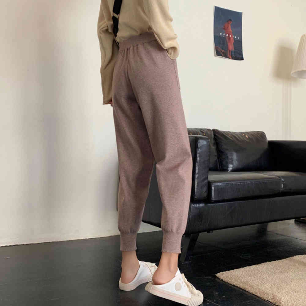 Chic Autumn Winter Drawstring Harem Pants Women Sweatpants Female Loose Trousers Knitted With Pockets Radish pants 210428