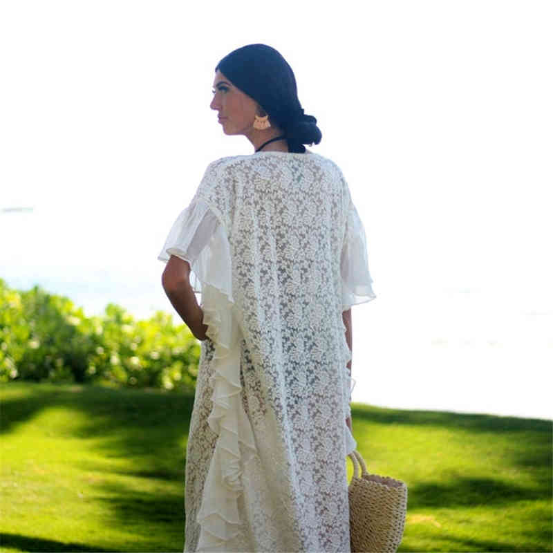 Arrival Bikini Cover-ups White Lace Tunic Sexy V-neck Plus Size Women Summer Dress Beach Wear Swim Suit Cover Up Q1254 210420