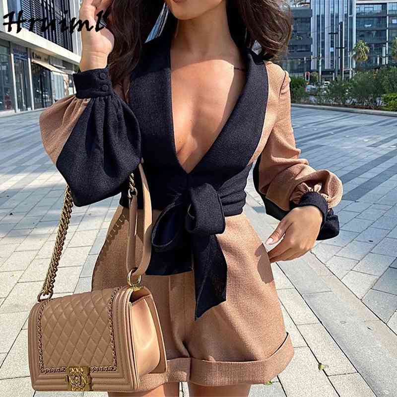 Playsuit Women Office Party Long Sleeve Jump Suits for Fashion Color Matching Strappy Casual Abbigliamento Donna 210513