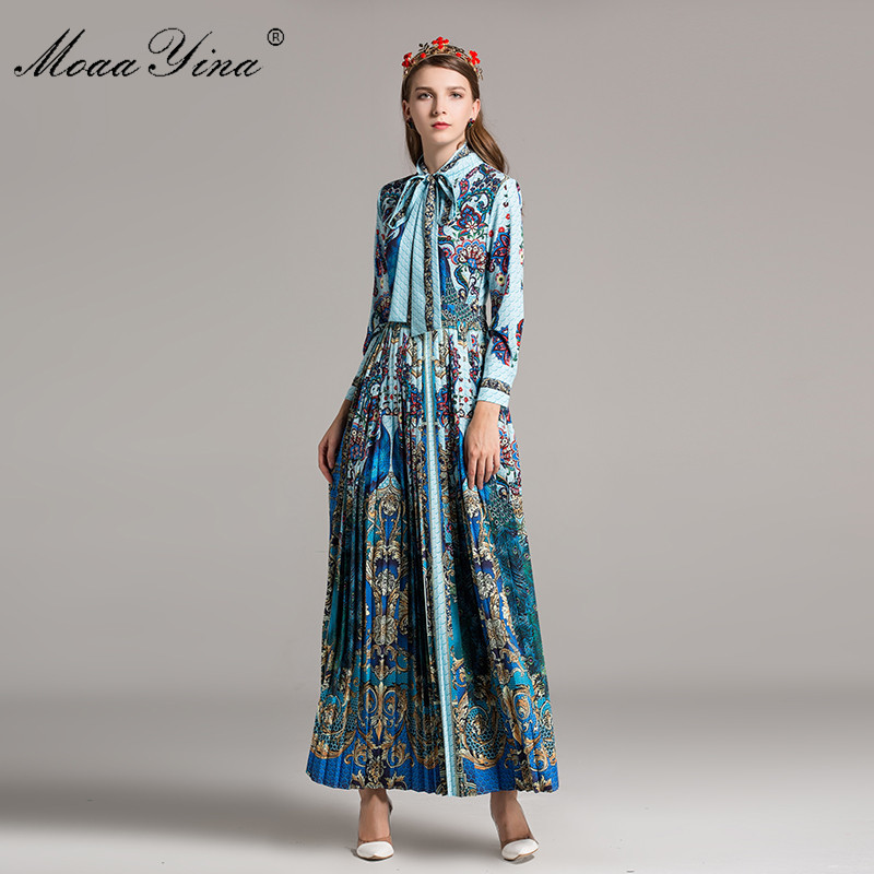 Fashion ner Runway Classical Maxi Dress Spring Women Long sleeve Ribbon Print Peacock Pleated Exotic 210524
