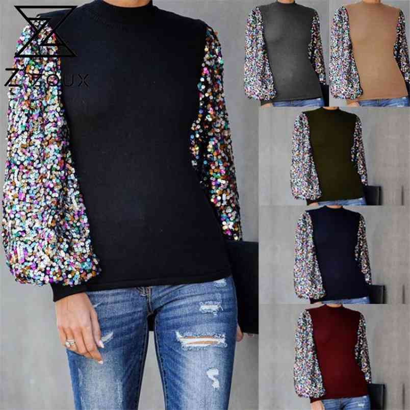 Women Sweater Lantern Sleeve Knitted Sequined Stitching Bottoming Pullovers Fashion Tops Autumn Winter 210513