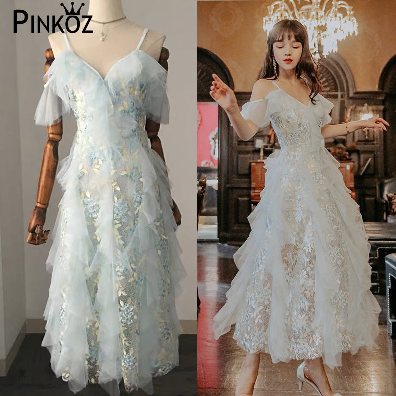 high quality embroidery spaghetti strap elegant vestidos sleeveless ruffles party evening Long dresses lady midi dress 210421