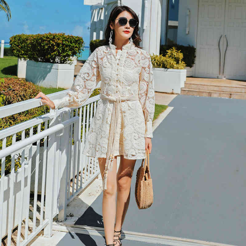 SHENGPLLAE Lace Embroidered Hollow Dress Women's Summer Stand Collor Up Waist Bubble Sleeve Mini Dresses Female 210427