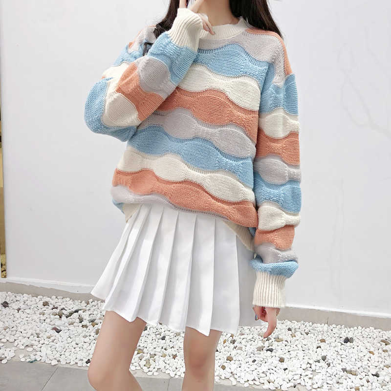 H.SA Fall Fashion Women Rainbow Sweater and Pullovers Long Sleeve Colorful Striped Loose Sweaters Fashion Outwear Tops Fall 210716