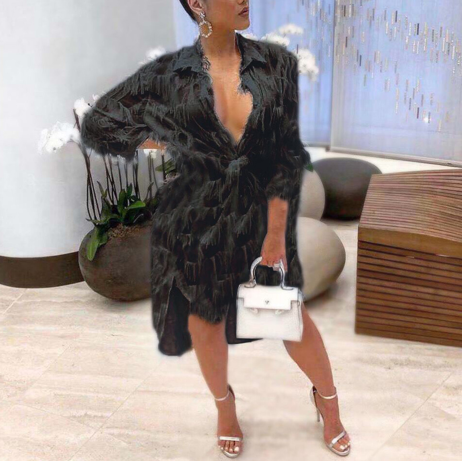 White Plush Dress Womens Long Sleeve Turn Down Collar Asymmetrical For Evening Party Night Mid Calf Fashion Female Midi Dresses 210510