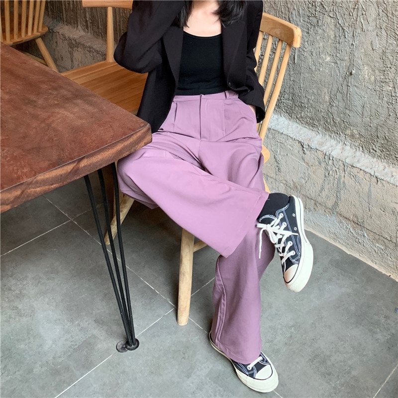 Wide Leg Women Pants Leisure High Waist Long Office Ladies Loose Straight Trousers Black Purple Suit Pant 210519