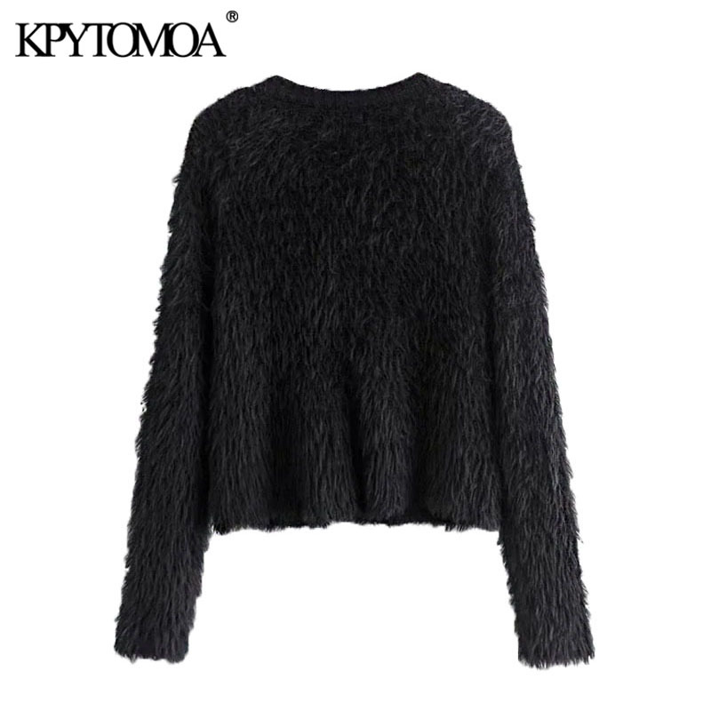Women Fashion Soft Touch Faux Fur Knitted Cardigan Sweater Long Sleeve Button-up Female Outerwear Chic Top 210420