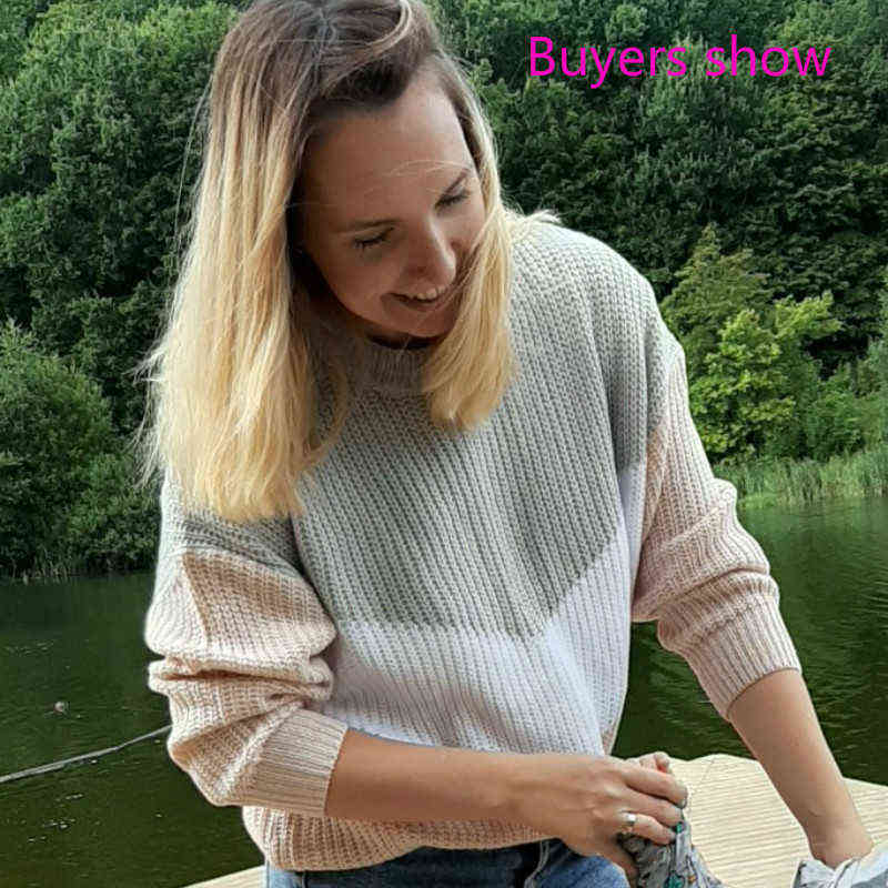 Plus Size Loose Knitted Sweater Women Jumpers Long Sleeve Woman Pullovers Sweaters Casual Winter Color Block Striped Sweater 211109