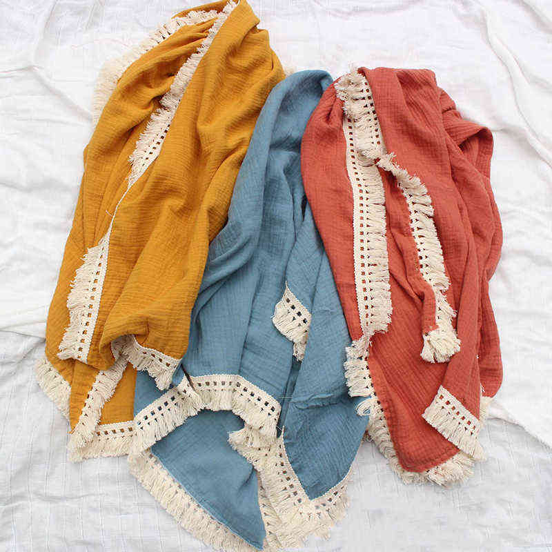 Organic Cotton Muslin Blanket Double Gauze Bath Towel Baby Tassel Blankets born Big Diaper Swaddle Wrap Feeding Po Props 211105