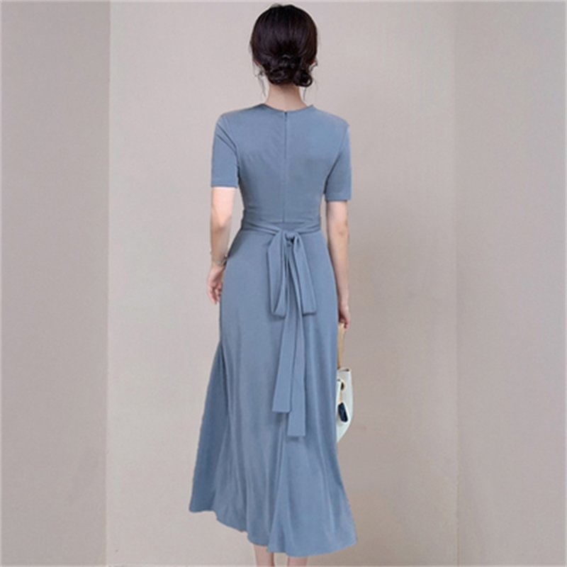 Fashion Elegant Dress Women Solid Color V Neck Short Sleeve Plated Swing Party Banquet 210520