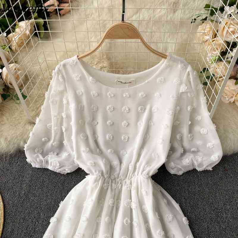 White Dresses for Women Korean Fashion Robe Tassel Polka Dot Puff Sleeve Vestidos Mujer Slim Sweet Chiffion Dress 210422