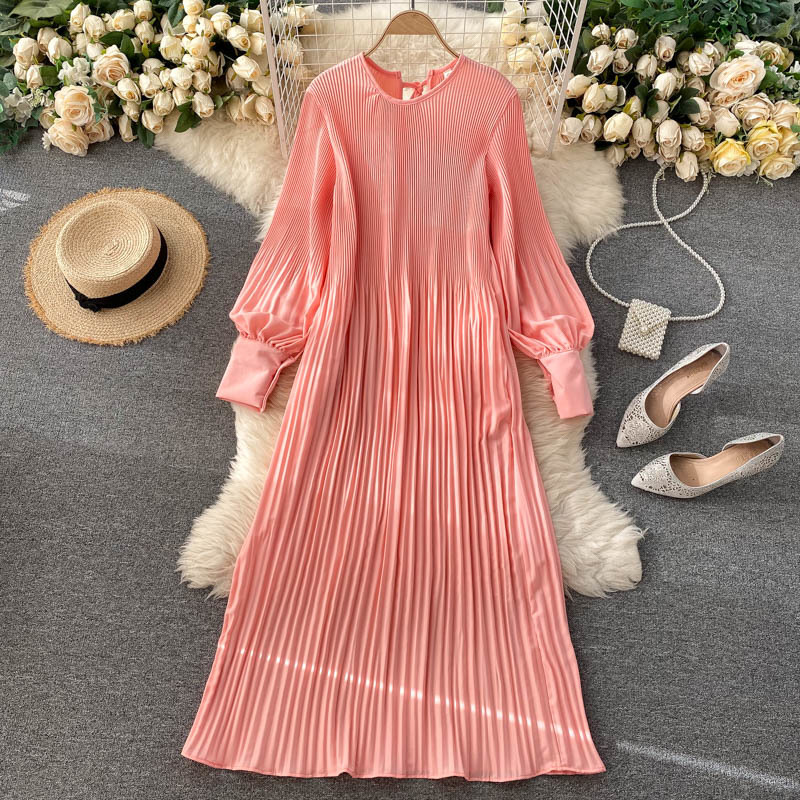 Vintage Pleated Chiffon Long Dress Women Casual Solid Pink/Green/Red O-Neck Draped Slim Vacation Vestidos Autumn Robe New 210409