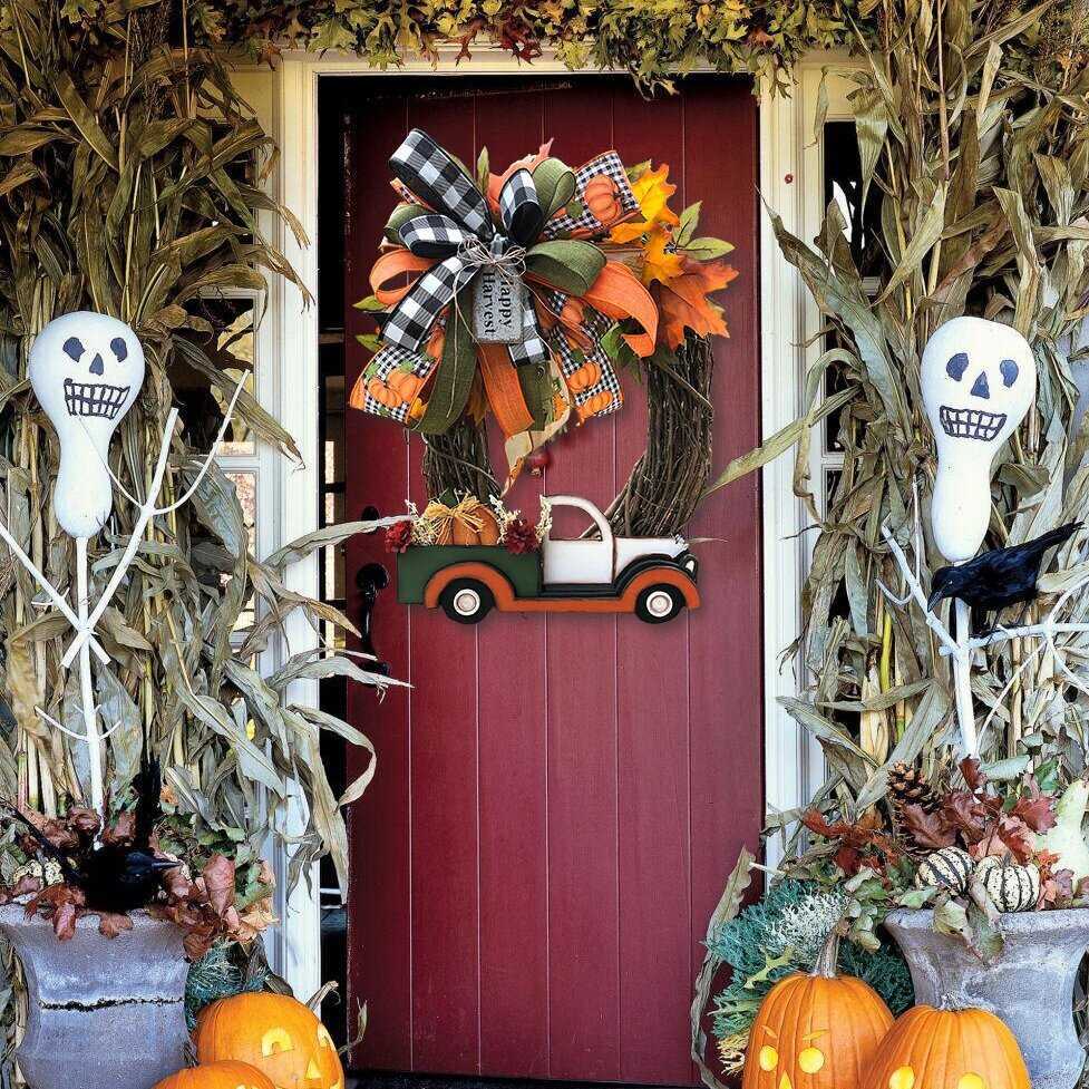 Pumpkin Truck Wreath Fall For Front Door Farm Fresh Sign Autumn Decoration Halloween Stolen Doorplate Decor Q08123317291