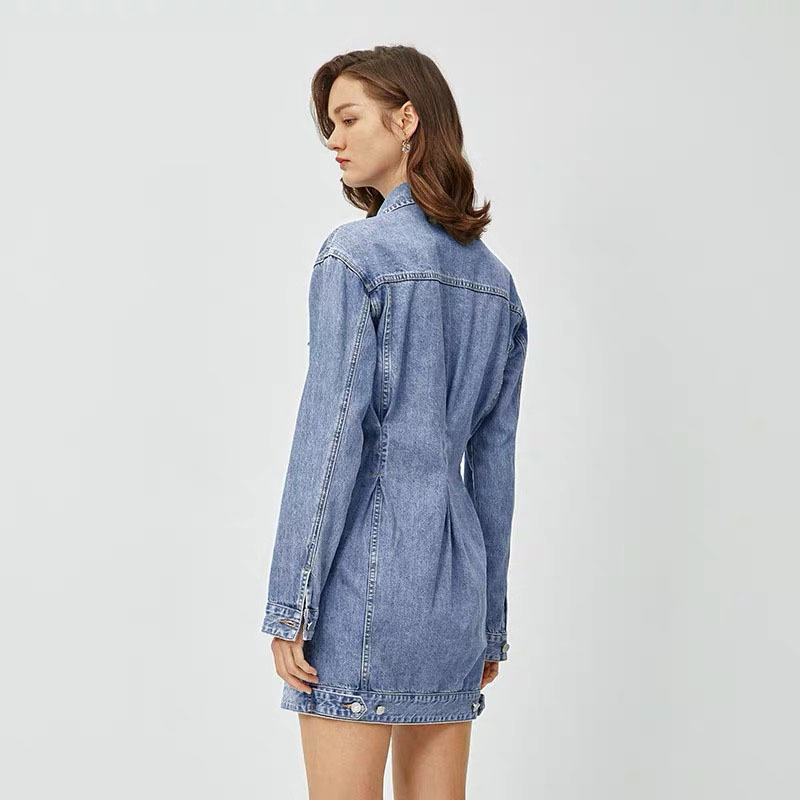 Long Sleeve Patchwork Dress Lace Up Split Elegant Casual Celebrity Women's Clothing With Belt Autumn Denim 210421