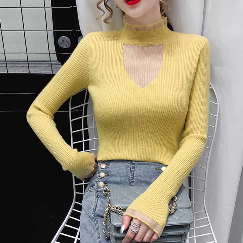 Sexy Temperament Knitted Jumper Net Yarn Splicing Turtleneck Sweater Women Inner Base Long Sleeve Slim Sweater Pull Femme 11591 210518